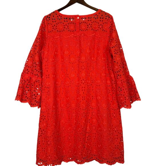 J. Crew Embroidered Eyelet Long Bell Sleeves Sheath Mini Dress Lined 16 Red - Picture 14 of 15